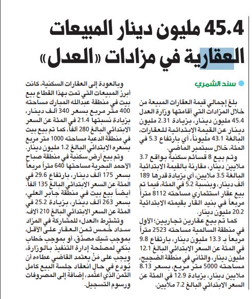 45.4 مليون دينار المبيعات العقارية في مزادات «العدل»
