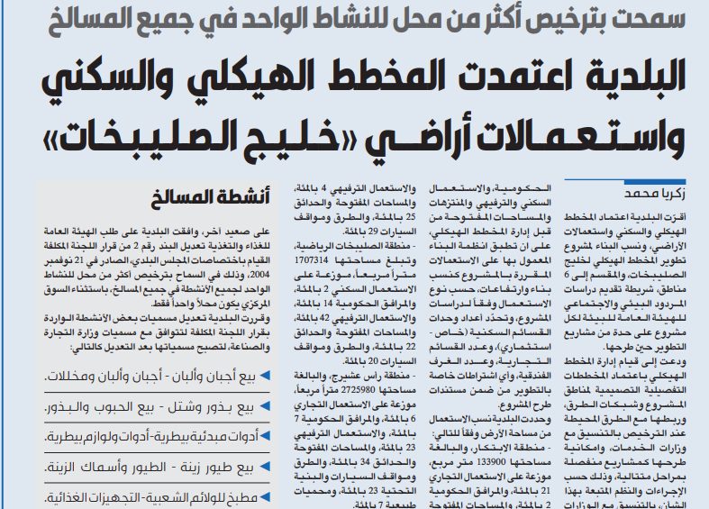 البلدية اعتمدت المخطط الهيكلي والسكني واستعمالات أراضي «خليج الصليبخات»