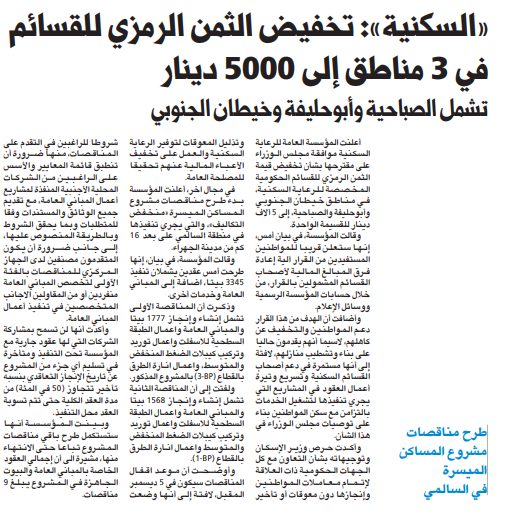 «السكنية»: تخفيض الثمن الرمزي للقسائم في 3 مناطق إلى 5000 دينار