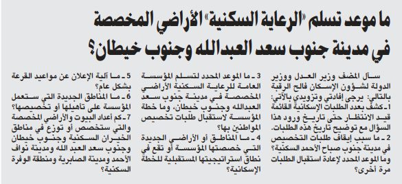 ما موعد تسلم «الرعاية السكنية» الأراضي المخصصة في مدينة جنوب سعد العبدالله وجنوب خيطان؟