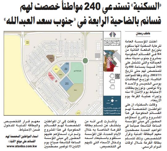 «السكنية» تستدعي 240 مواطناً خصصت لهم قسائم بالضاحية الرابعة في «جنوب سعد العبدالله»