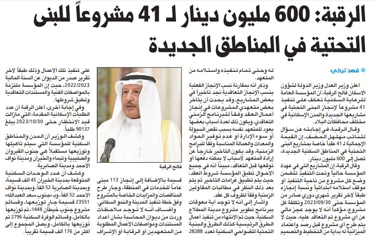 الرقبة: 600 مليون دينار لـ 41 مشروعاً للبنى التحتية في المناطق الجديدة
