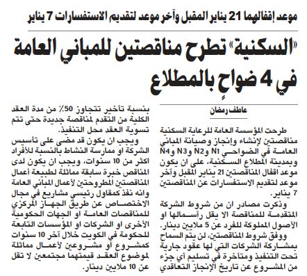 «السكنية» تطرح مناقصتين للمباني العامة في 4 ضواحٍ بالمطلاع