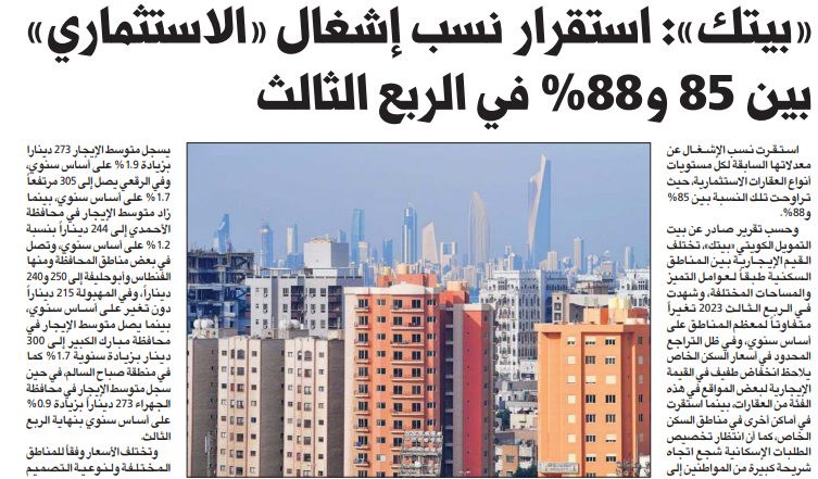 «بيتك»: استقرار نسب إشغال «الاستثماري» بين 85 و88% في الربع الثالث