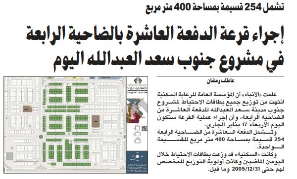 إجراء قرعة الدفعة العاشرة بالضاحية الرابعة في مشروع جنوب سعد العبدالله اليوم