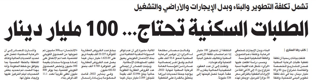الطلبات السكنية تحتاج... 100 مليار دينار