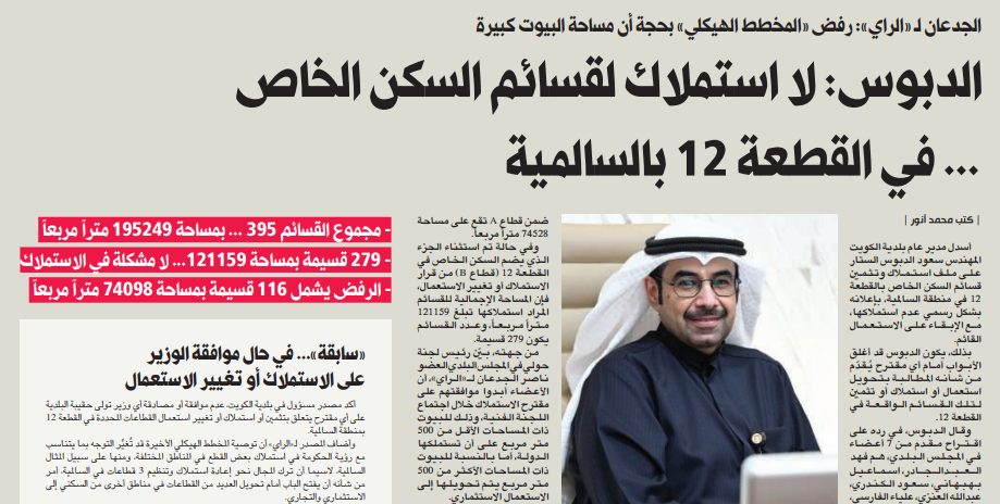 الدبوس: لا استملاك لقسائم السكن الخاص ... في القطعة 12 بالسالمية