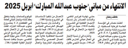 الانتهاء من مباني«جنوب عبدالله المبارك» أبريل 2025