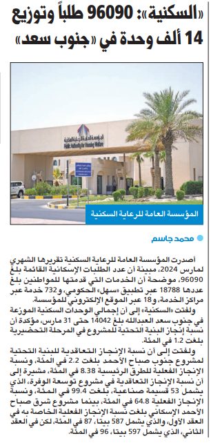 «السكنية»: 96090 طلباً وتوزيع 14 ألف وحدة في «جنوب سعد»