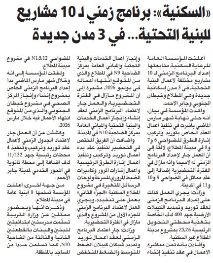 «السكنية»: برنامج زمني لـ 10 مشاريع للبنية التحتية... في 3 مدن جديدة