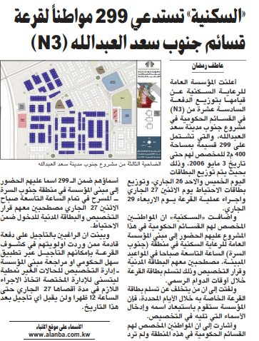 «السكنية» تستدعي 299 مواطناً للدفعة الـ 16 لقرعة قسائم جنوب سعد العبدالله (N3)