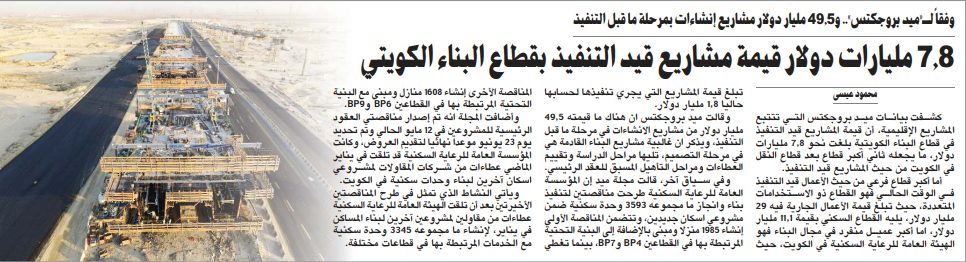 7.8 مليارات دولار قيمة مشاريع قيد التنفيذ بقطاع البناء الكويتي