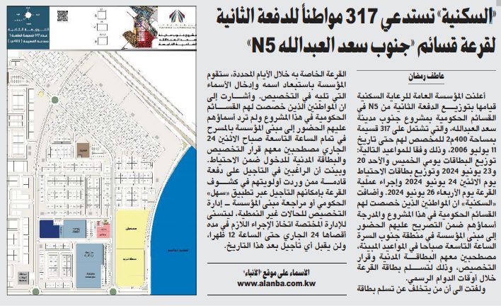 «السكنية» تستدعي 317 مواطناً للدفعة الثانية لقرعة قسائم «جنوب سعد العبدالله N5»