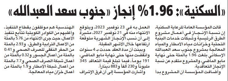 «السكنية»: 1.96% إنجاز «جنوب سعد العبدالله»