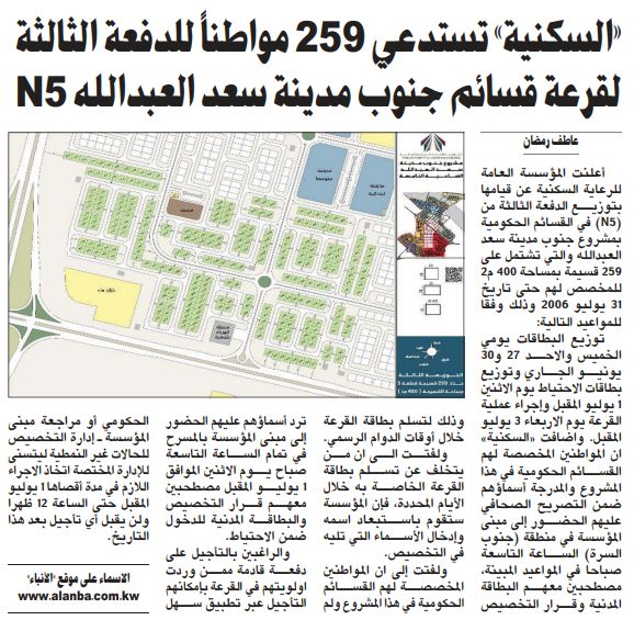«السكنية» تستدعي 259 مواطناً للدفعة الثالثة لقرعة قسائم جنوب مدينة سعد العبدالله N5