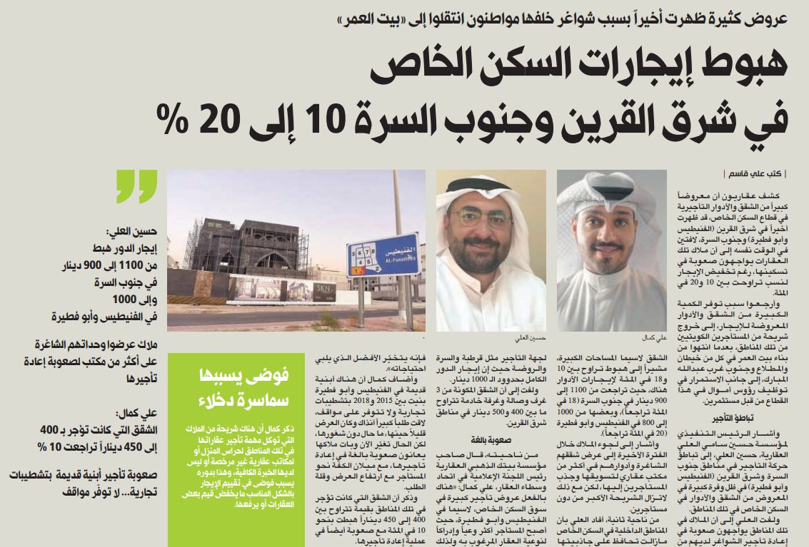هبوط إيجارات السكن الخاص في شرق القرين وجنوب السرة 10 إلى 20 في المئة