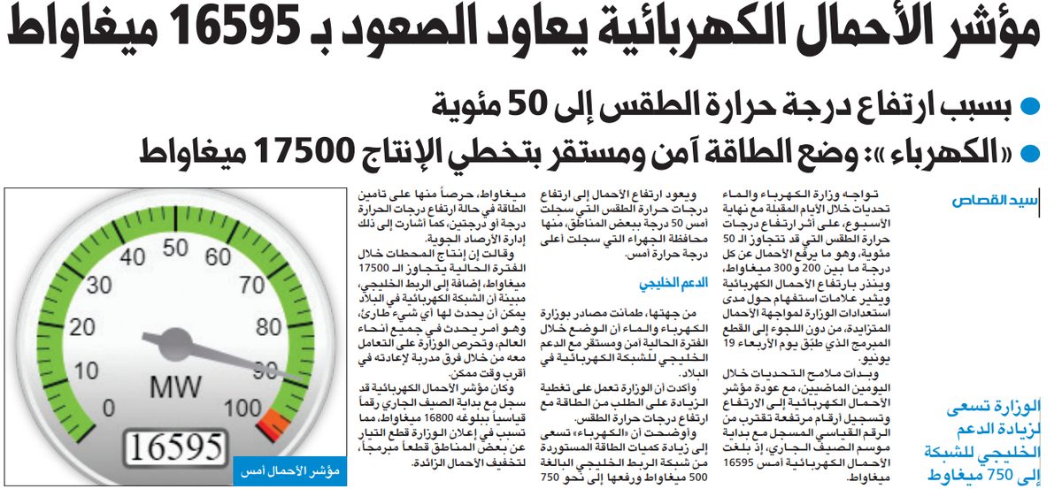 مؤشر الأحمال الكهربائية يعاود الصعود بـ 16595 ميغاواط