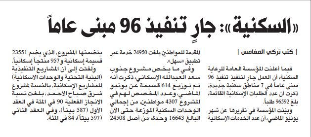 «السكنية»: 96 مبنى عاماً جارٍ تنفيذها في 7 مناطق جديدة