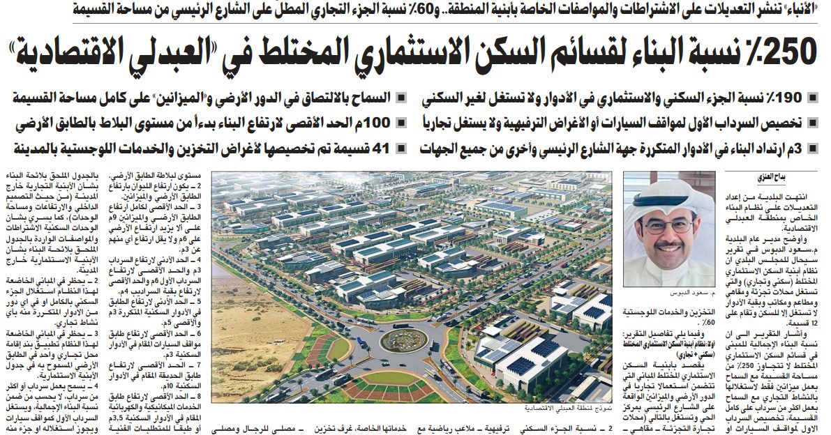 250 %نسبة البناء لقسائم السكن الاستثماري المختلط في «العبدلي الاقتصادية»