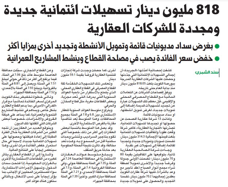 818 مليون دينار تسهيلات ائتمانية جديدة ومجددة للشركات العقارية