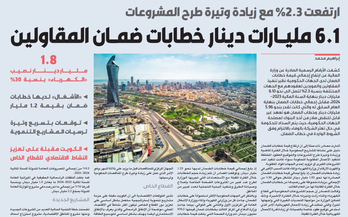 6.1 مليارات دينار خطابات ضمان المقاولين