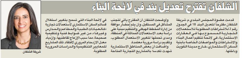 الشلفان تقترح تعديل بند في لائحة البناء