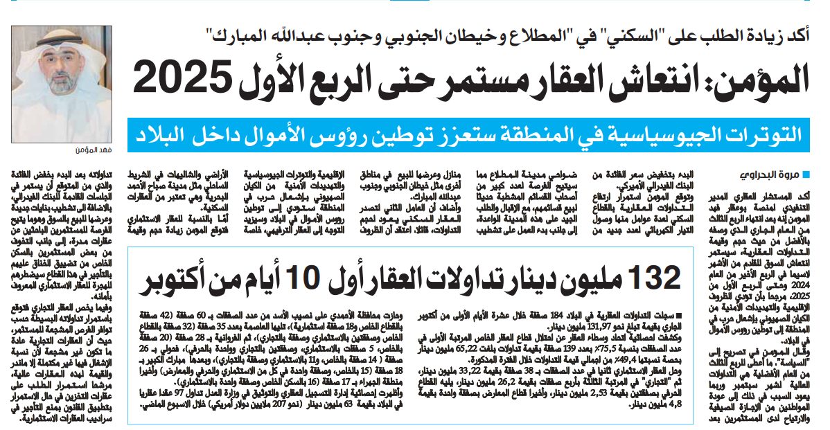 المؤمن: انتعاش العقار مستمر حتى الربع الأول 2025