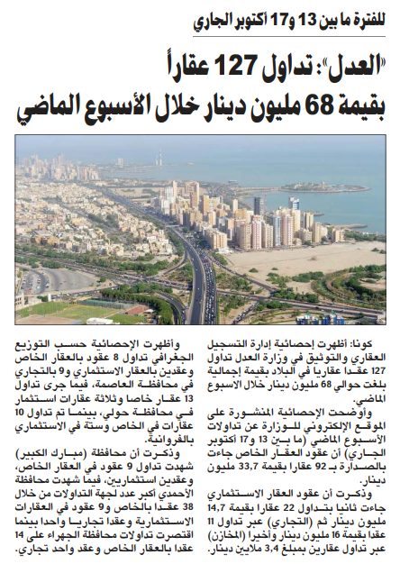 «العدل»: تداول 127 عقاراً بقيمة 68 مليون دينار خلال الأسبوع الماضي