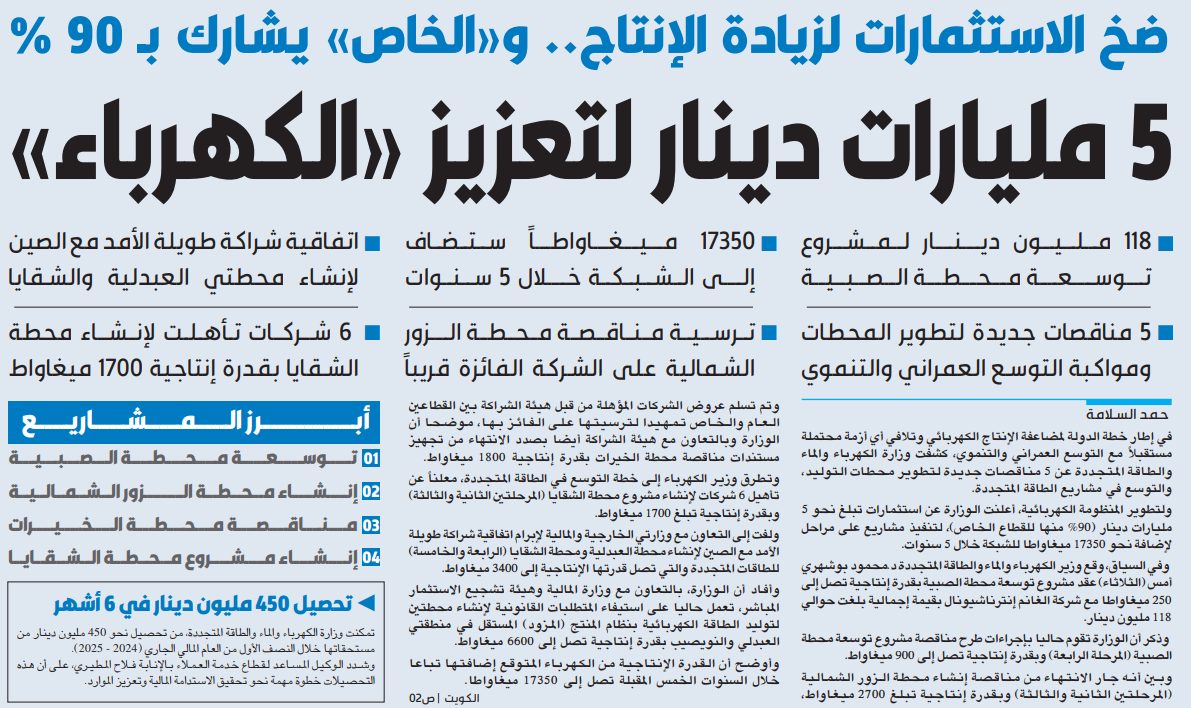 5 مليارات دينار لتعزيز «الكهرباء»