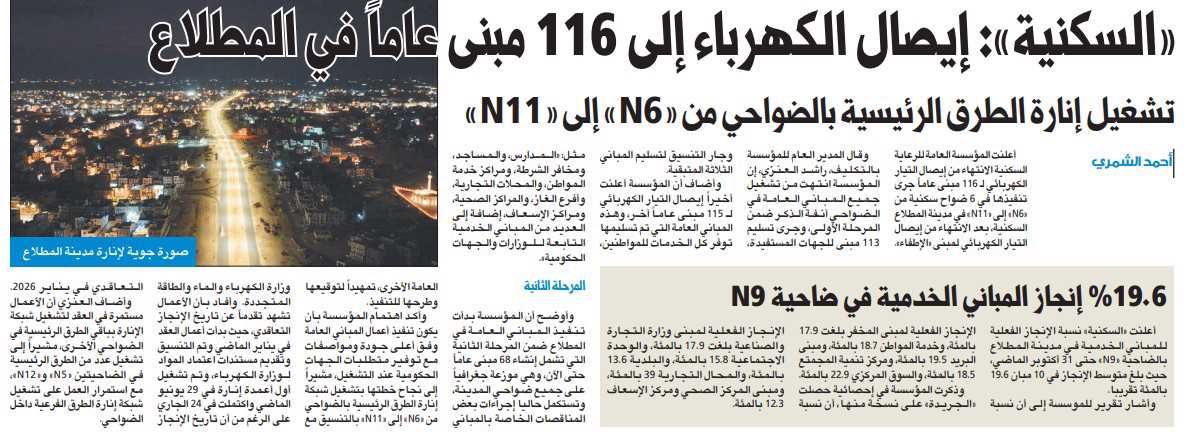 «السكنية»: إيصال الكهرباء إلى 116 مبنى عاماً في المطلاع