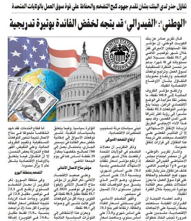 «الوطني»: «الفيدرالي» قد يتجه لخفض الفائدة بوتيرة تدريجية