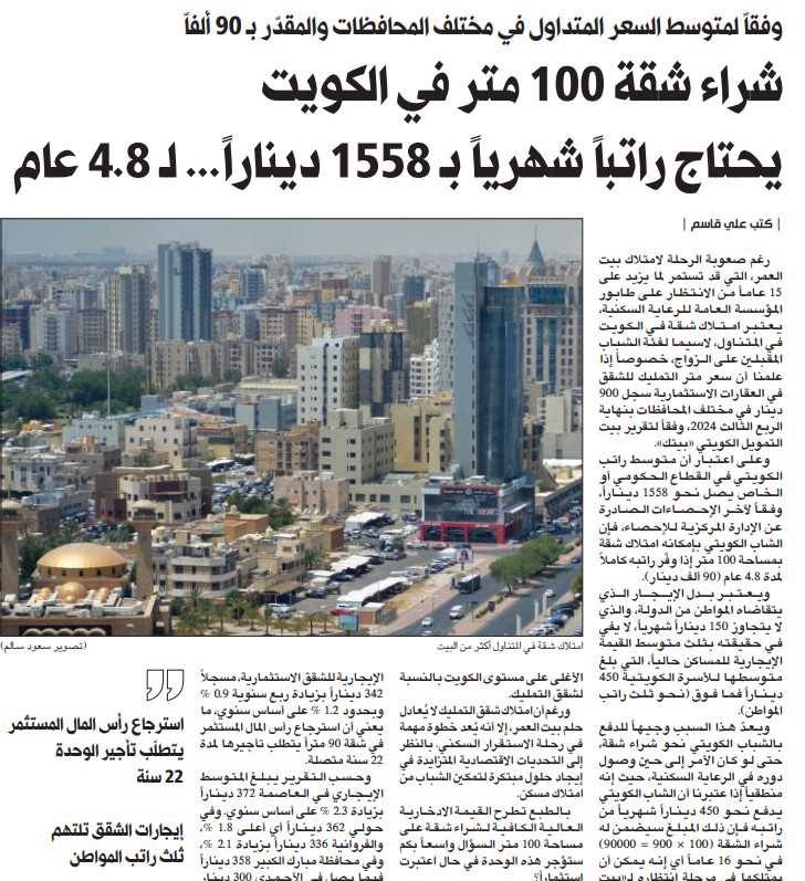 شراء شقة 100 متر في الكويت يحتاج راتباً شهرياً بـ 1558 ديناراً... لـ 4.8 عام