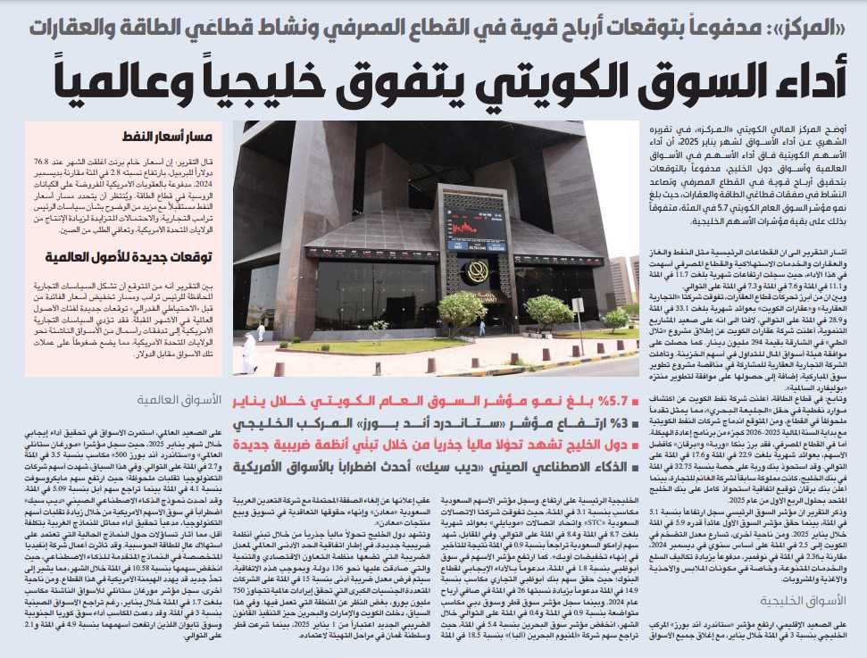«المركز»: أداء السوق الكويتي يتفوق خليجياً وعالمياً