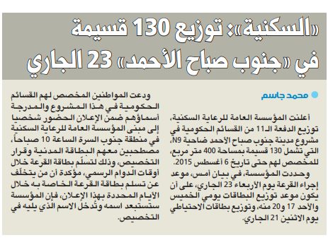 المؤسسة العامة للرعاية السكنية : توزيع 130 قسيمة في «جنوب صباح الأحمد» 23 الجاري