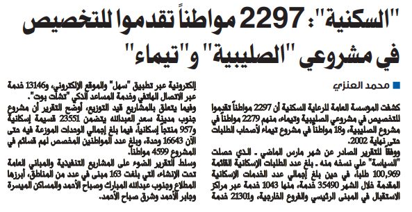 "السكنية": 2297 مواطنًا تقدموا للتخصيص في مشروعي الصليبية وتيماء