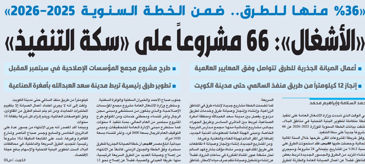 «الأشغال»: 66 مشروعاً على «سكة التنفيذ»