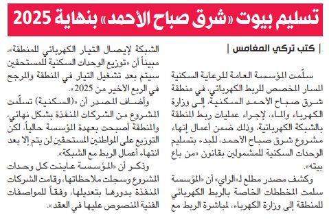 تسليم بيوت «شرق صباح الأحمد» بنهاية 2025