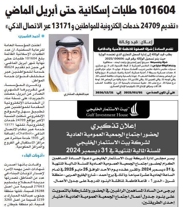 101604 طلبات إسكانية حتى أبريل الماضي