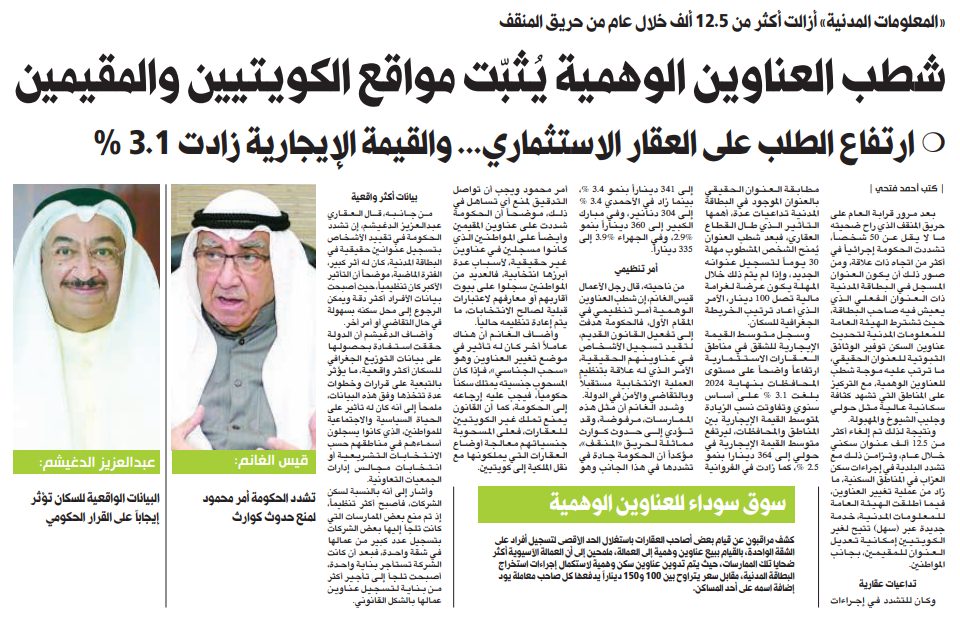 شطب العناوين الوهمية يُثبّت مواقع الكويتيين والمقيمين