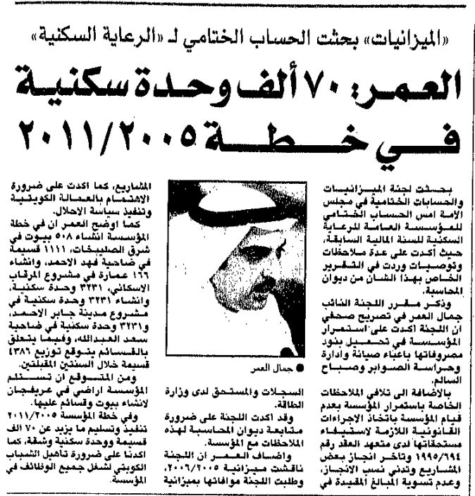 'الميزانيات' بحثت الحساب الختامي ل 'الرعاية السكنية'. العمر: 70 ألف وحدة سكنية في خطة 2005/2011
