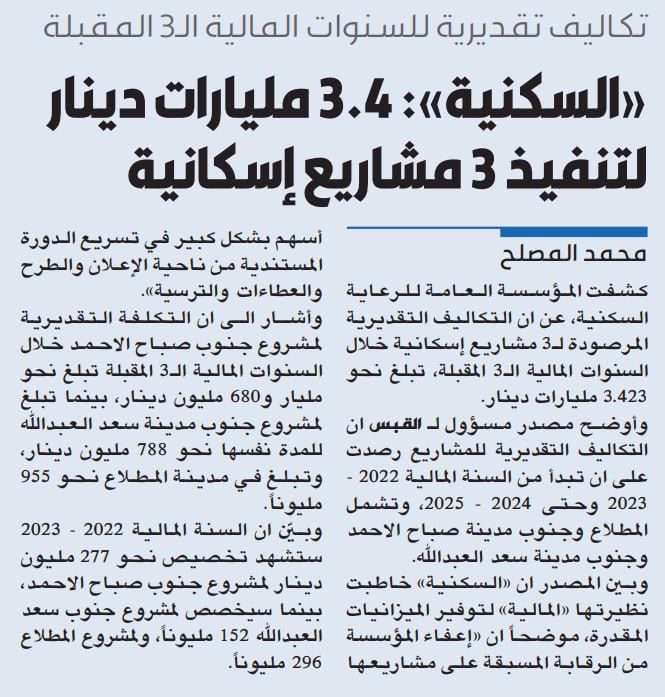 «السكنية»: 3.4 مليارات دينار لتنفيذ 3 مشاريع إسكانية