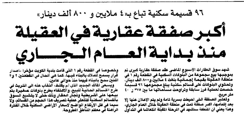 96 قسيمة سكنية تباع ب'4 ملايين و 800 ألف دينار'. أكبر صفقة عقارية في العقيلة منذ بداية العام الجاري