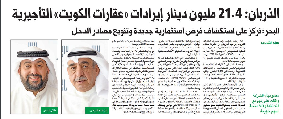 الذربان: 21.4 مليون دينار إيرادات «عقارات الكويت» التأجيرية