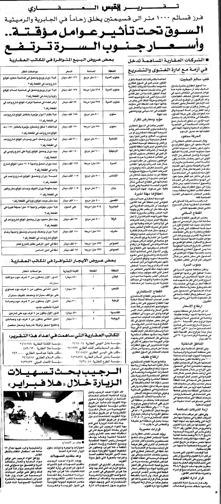 تقرير القبس : العقاري ِِِِِ فرز قسائم 1000 متر الى قسيمتين يخلق زحاما في الجابرية والرميثية. السوق تحت تأثير عوامل مؤقتةِِ وأسعار جنوب السرة ترتفع