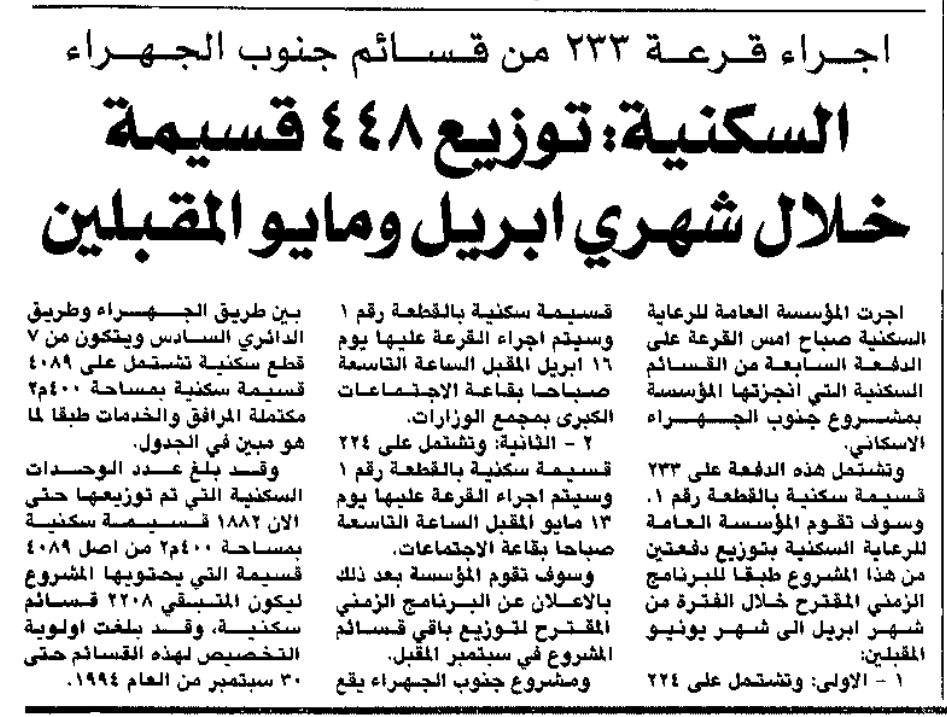 اجراء قرعة 233 من قسائم جنوب الجهراء. السكنية: توزيع 448 قسيمة خلال شهري ابريل ومايو المقبلين