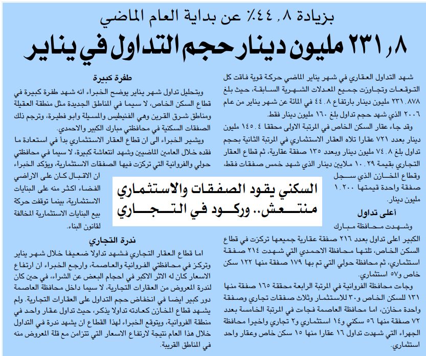 بزياده ٤٤.٨٪ عن بداية العام الماضى ٢٣١.٨ مليون دينار حجم التداول فى يناير