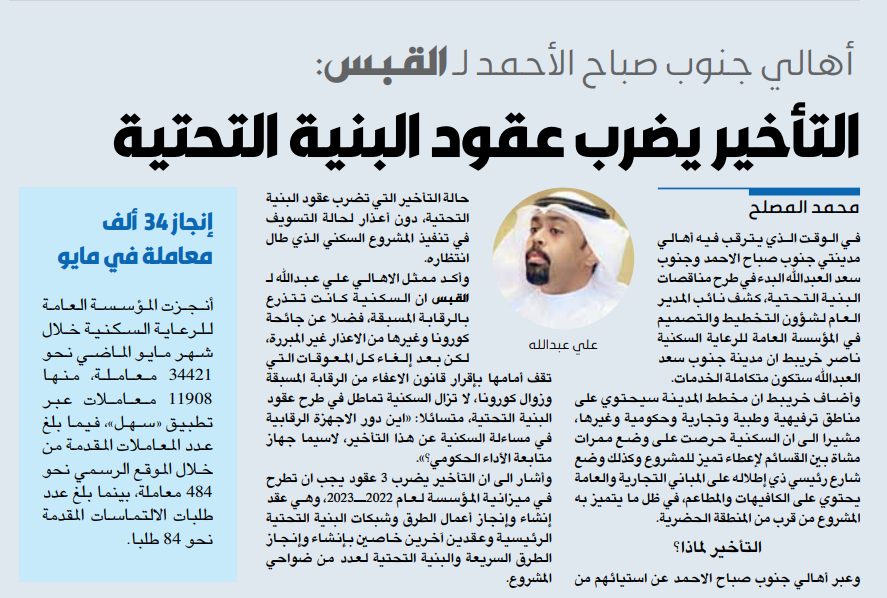 أهالي جنوب صباح الأحمد لـ القبس: التأخير يضرب عقود البنية التحتية