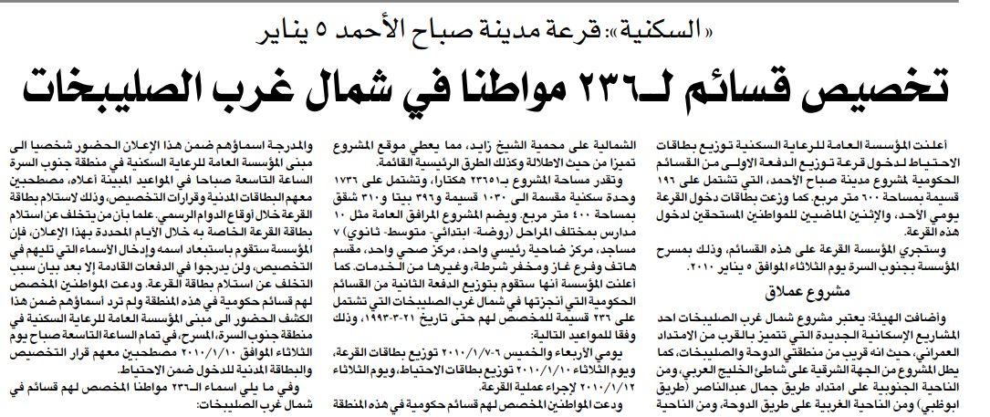«السكنية»: قرعة مدينة صباح الأحمد 5 يناير .. تخصيص قسائم لــ236 مواطنا في شمال غرب الصليبخات