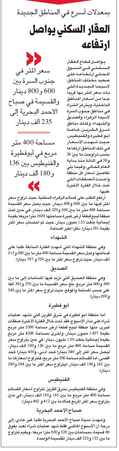 بمعدلات اسرع في المناطق الجديده العقار السكني يواصل ارتفاعه