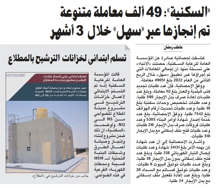 «السكنية»: 49 ألف معاملة متنوعة تم إنجازها عبر «سهل» خلال 3 أشهر